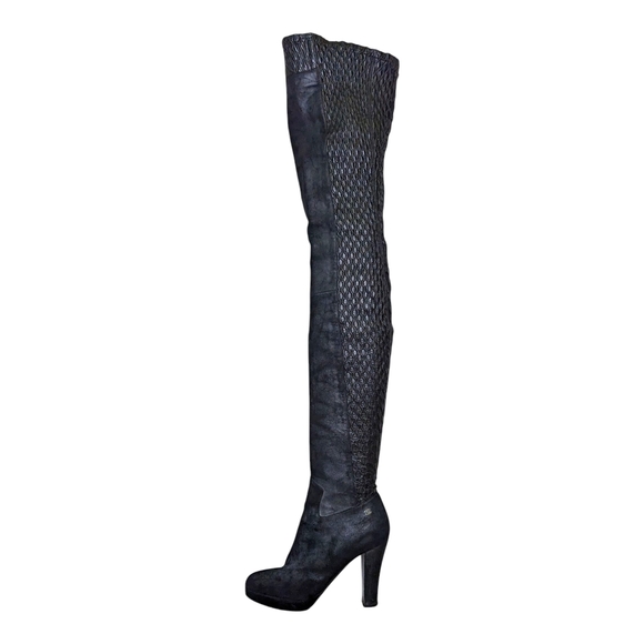 Chanel CC logo Distressed Suede Thigh-high Platform Stretch Platform Boot 38.5 - Picture 1 of 15